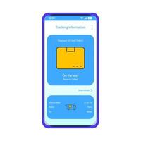 Parcel tracking app smartphone interface vector template. Mobile shipment application page blue design layout. Post tracker screen. Flat UI. Online logistics, package shipping info on phone display..