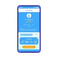 Babysitting application smartphone interface vector template. Mobile app page blue design layout. Babysitter online profile screen. Flat UI. Childcare services. Nanny booking, rating on phone display