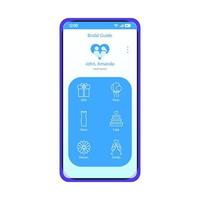 Wedding planner smartphone app interface vector template. Mobile application interface blue design layout. Marriage celebration site screen. Bridal guide. Flat UI. Phone display