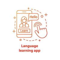 Language learning app concept icon. Online courses idea thin line illustration. E-learning. Spell check. Speaking practice with smartphone app. Vector isolated outline drawing