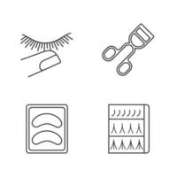 Eyelash extension linear icons set. Thin line contour symbols. Lash curler, disposable eyeshadow pads, eyelash extension packaging. Isolated vector outline illustrations. Editable stroke