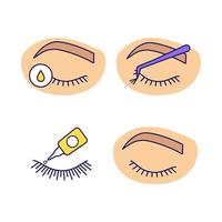 Eyelash extension color icons set. False lashes glue, primer for eyelash extension, cluster, closed woman's eye. Isolated vector illustrations