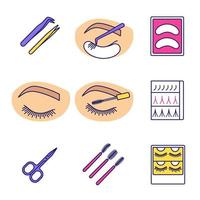 Eyelash extension color icons set. Tweezers, disposable eyeshadow pads, closed woman's eye, mascara wands, scissors, eyelash extension packaging. Isolated vector illustrations