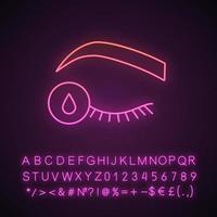 Primer for eyelash extension neon light icon. Degreaser. Oil free eye makeup remover. Eyelash extension aftercare. Glowing sign with alphabet, numbers and symbols. Vector isolated illustration