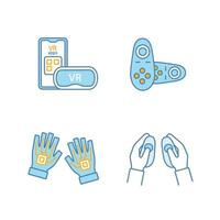 Virtual reality devices color icons set. Smartphone VR headset, wireless controllers, haptic gloves. Isolated vector illustrations
