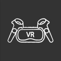 VR set chalk icon. Virtual reality headset and controllers. VR glasses with remote control, gamepad. Isolated vector chalkboard illustration