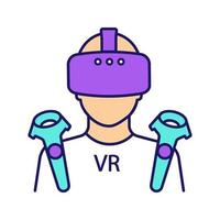 VR player color icon. Virtual reality player. Man with VR mask, glasses, headset and wireless controllers. Isolated vector illustration