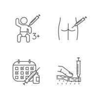 Vaccination and immunization linear icons set. Thin line contour symbols. Intramuscular, subcutaneous, kid's arm injection, vaccination calendar. Isolated vector outline illustrations. Editable stroke