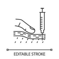 Subcutaneous injection linear icon. Thin line illustration. Vaccination, immunization. Injecting in skin. Anti wrinkle treatment. Contour symbol. Vector isolated outline drawing. Editable stroke