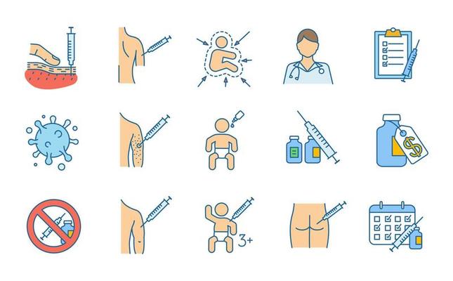 Vaccination and immunization color icons set. Vaccines for kids, adults. Tetanus, flu, hepatitis, measles diseases prevention. Viral and bacterial infections tolerance. Isolated vector illustrations