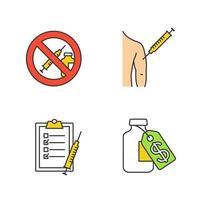 Vaccination and immunization color icons set. Drugs prohibition, injection in man's arm, vaccination list, vaccine price. BCG, hepatitis, diphtheria immunization. Isolated vector illustrations