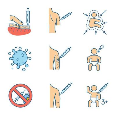 Vaccination and immunization color icons set. Subcutaneous injection, vaccination to kids and adults, influenza virus, vaccine allergy, drugs prohibition. Isolated vector illustrations