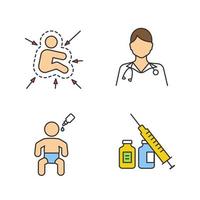 Kids vaccination and immunization color icons set. Pediatrics. Kid's immune system, pediatrician, oral vaccine, syringe and vials. Isolated vector illustrations