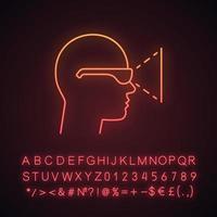 VR player side view neon light icon. Virtual reality player. 3D glasses. Glowing sign with alphabet, numbers and symbols. Vector isolated illustration