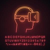 VR player side view neon light icon. Virtual reality player. 3D VR mask, glasses, headset with built in headphones. Glowing sign with alphabet, numbers and symbols. Vector isolated illustration