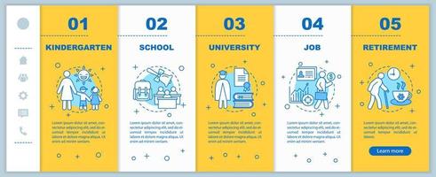 plantilla de vector de pantalla de página de aplicación móvil de incorporación de ciclo de vida humano. jardín de infantes, escuela, universidad, trabajo, jubilación, pasos de recorrido con ilustraciones lineales. ux, ui, concepto de interfaz de teléfono inteligente