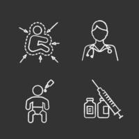 Kids vaccination and immunization chalk icons set. Pediatrics. Kid's immune system, pediatrician, oral vaccine, syringe and vials. Isolated vector chalkboard illustrations