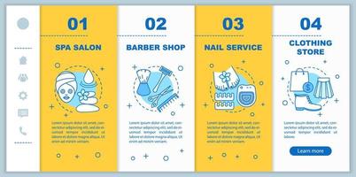 Beauty services onboarding mobile app page screen vector template. Body care. Spa salon, barber shop, manicure walkthrough steps with linear illustrations. UX, UI, GUI smartphone interface concept