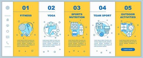 Sports activities onboarding mobile app page screen vector template. Outdoor activities, fitness, yoga, team sport walkthrough steps with linear illustrations. UX, UI, GUI smartphone interface concept
