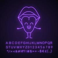 Smiling tongue emoji neon light icon. Open female mouth. Healthy oral cavity. Throat health. Glowing sign with alphabet, numbers and symbols. Vector isolated illustration