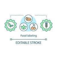 Food labeling concept icon. Products packaging standarts idea thin line illustration. Food quality, safety tags. Nutrition facts. Vector isolated outline drawing. Edtable stroke