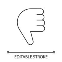 Thumbs down emoji linear icon. Thin line illustration. Disapproval, dislike hand gesture. No, bad gesturing. Contour symbol. Vector isolated outline drawing. Editable stroke