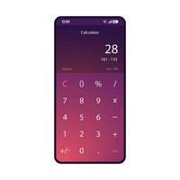 Calculator smartphone interface vector template. Mobile math app page purple design layout. Basic arithmetic operations, calculations screen. Flat gradient UI. Mathematical application phone display