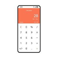 Mobile calculator smartphone interface vector template. Math app page white design layout. Simple arithmetic calculations screen. Digits subtraction flat UI. Mathematical application on phone display