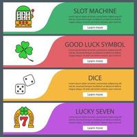 Casino web banner templates set. Slot machine, four leaf clover, dice, lucky seven. Website color menu items. Vector headers design concepts