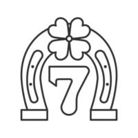 Lucky seven game linear icon. Horseshoe and four leaf clover with number 7. Thin line illustration. Contour symbol. Vector isolated outline drawing