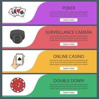 Casino web banner templates set. Double down, online casino, surveillance camera, poker game. Website color menu items. Vector headers design concepts