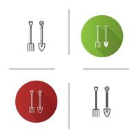 Pitchfork and shovel icon. Flat design, linear and color styles. Agricultural tools. Isolated vector illustrations