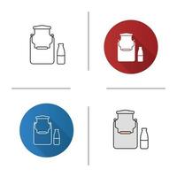 Milk can and bottle icon. Flat design, linear and color styles. Dairy farm. Isolated vector illustrations