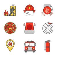 Firefighting color icons set. Emergency exit, hard hat, alarm bell, fireman siren, fire location, extinguisher, firetruck, firefighter's badge, hose. Isolated vector illustration