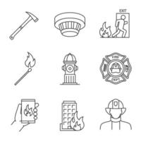 Firefighting linear icons set. Badge, matchstick, emergency call, smoke detector, evacuation, hydrant, axe, house on fire, firefighter. Thin line contour symbols. Isolated vector outline illustrations