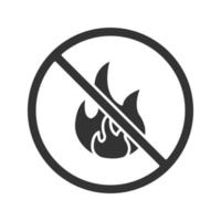 Forbidden sign with fire glyph icon. No bonfire prohibition. Silhouette symbol. Negative space. Vector isolated illustration