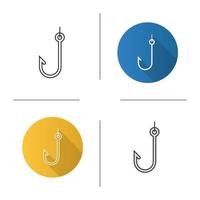 Hook icons set. Flat design, linear, black and color styles. Fishhook. Angling equipment. Isolated vector illustrations