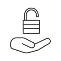 Open hand with unlocked padlock linear icon. Open access. Thin line illustration. Providing protection. Contour symbol. Vector isolated outline drawing