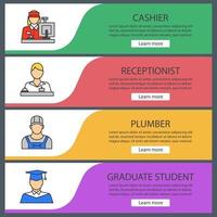 conjunto de plantillas de banner web de profesiones. cajera, recepcionista, plomero, estudiante de posgrado. elementos del menú de color del sitio web. conceptos de diseño de encabezados vectoriales vector