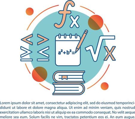 Solving equation, formula article page vector template.Math, algebra. Brochure, magazine, booklet design element with linear icons and text boxes. Print design. Concept illustrations with text space