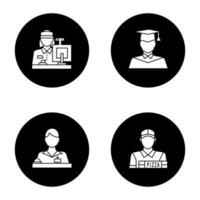 Professions glyph icons set. Occupations. Receptionist, secretary, cashier, pizza deliveryman, graduate student. Vector white silhouettes illustrations in black circles