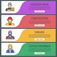 Professions web banner templates set. Loader man, firefighter, driver, office worker. Website color menu items. Vector headers design concepts