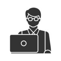 Programmer glyph icon. IT technologist. Freelancer. Silhouette symbol. Negative space. Vector isolated illustration