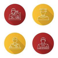 Professions flat linear long shadow icons set. Occupations. Receptionist, secretary, cashier, pizza deliveryman, graduate student. Vector outline illustration