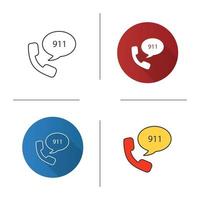 Emergency calling service icon. Flat design, linear and color styles. Handset and speech bubble with 911 number inside. Isolated vector illustrations