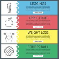 Fitness web banner templates set. Sport equipment. Leggings, apple, weight loss, fitball. Website color menu items with linear icons. Vector headers design concepts