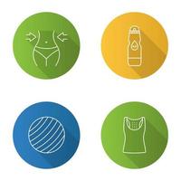 Fitness flat linear long shadow icons set. Sports equipment. Weight loss, sports water bottle, fitball, tank top. Vector outline illustration