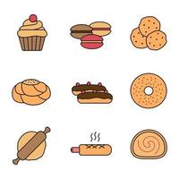 Bakery color icon. Cupcake, macarons, chocolate chips, pastry bread, eclair, bagel, rolling pin, french hot dog, swiss roll. Isolated vector illustration