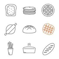 conjunto de iconos lineales de panadería. tostadas, panqueques, pastel, rodillo, pan de centeno, gofre belga, grissini, pan de ladrillo. símbolos de contorno de línea delgada. Ilustraciones de vectores aislados