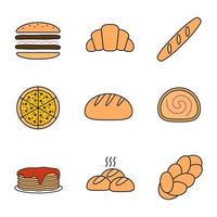 Bakery color icon. Burger, croissant, baguette, pizza, round bread, swiss roll, pancakes, rolls, challah. Isolated vector illustration
